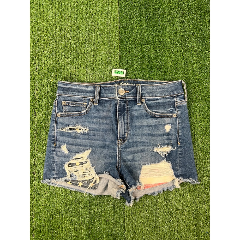 American Eagle Hi-Rise Shortie Distressed American Flag Denim Shorts Size 10
